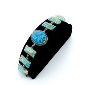 Vintage Egyptian Revival Sterling Silver Turquoise Art Glass Scarab Bracelet 7"